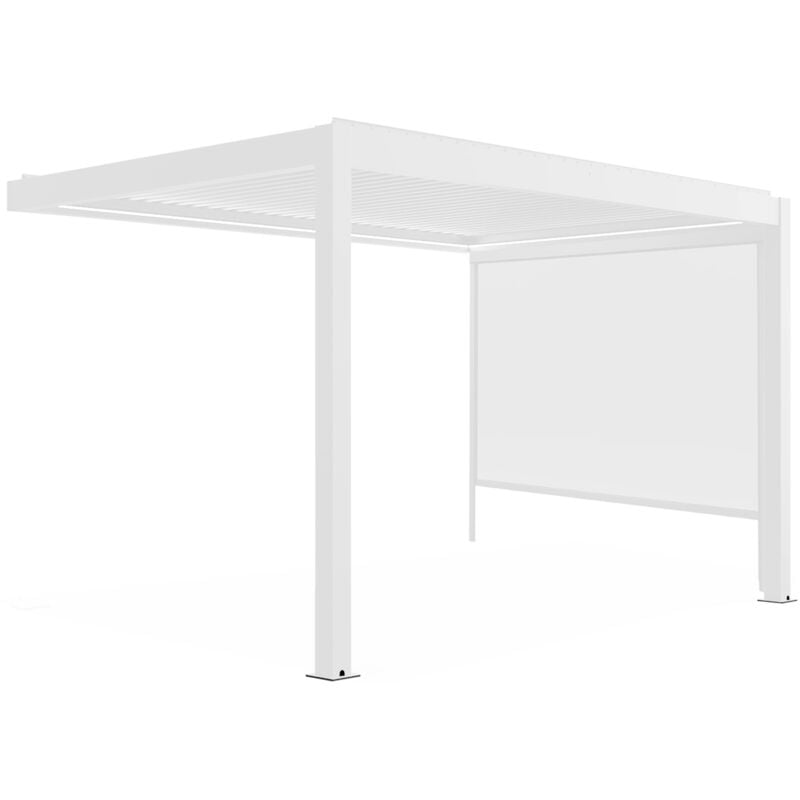 foto del prodotto oviala pergola bioclimatica addossata e motorizzata illuminata e 1 tenda