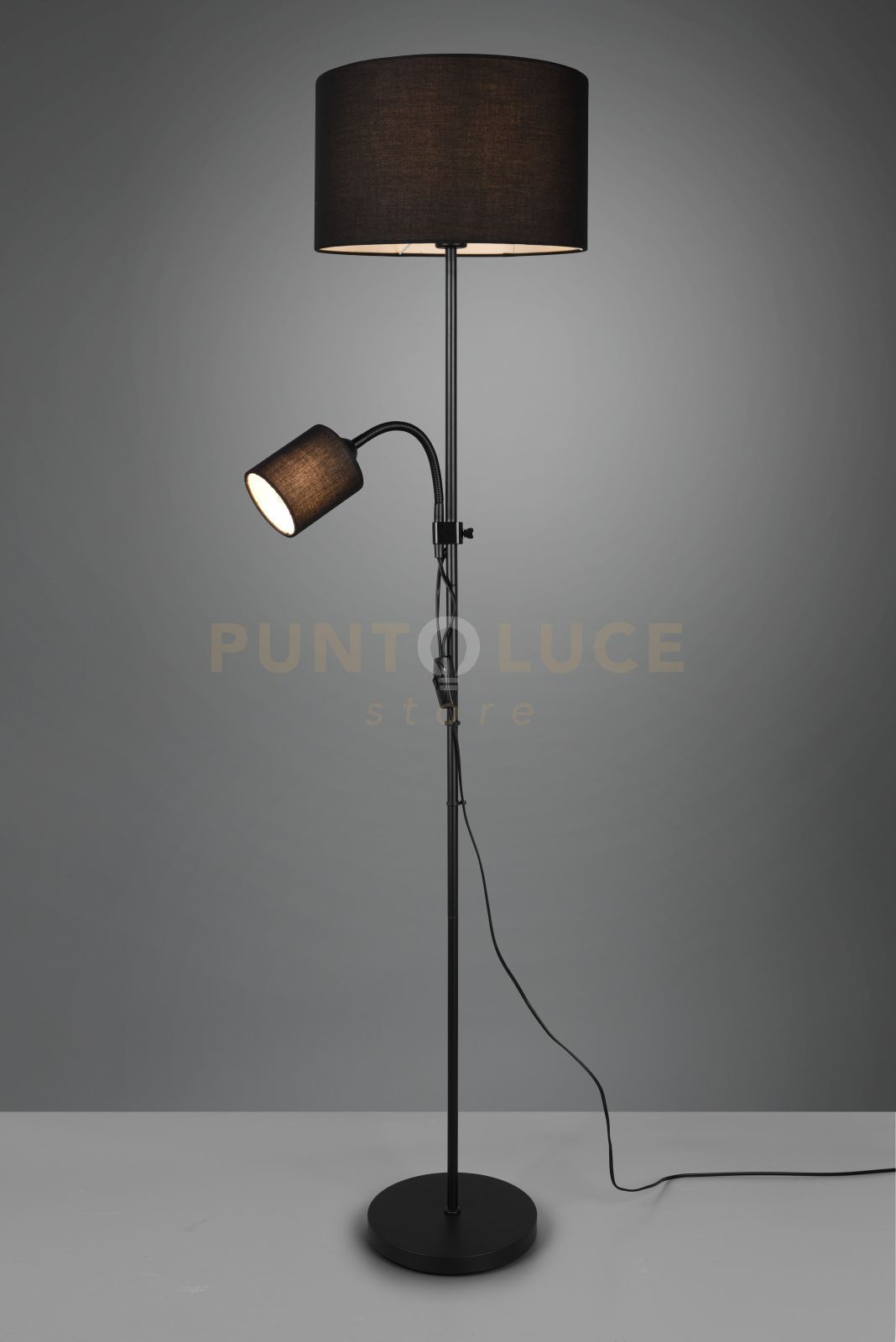 foto del prodotto owen piantana metallo nero con lampada lettura e 2 paralumi attacco e14 e27 con accensioni separate d. 36cm altezza 160cm