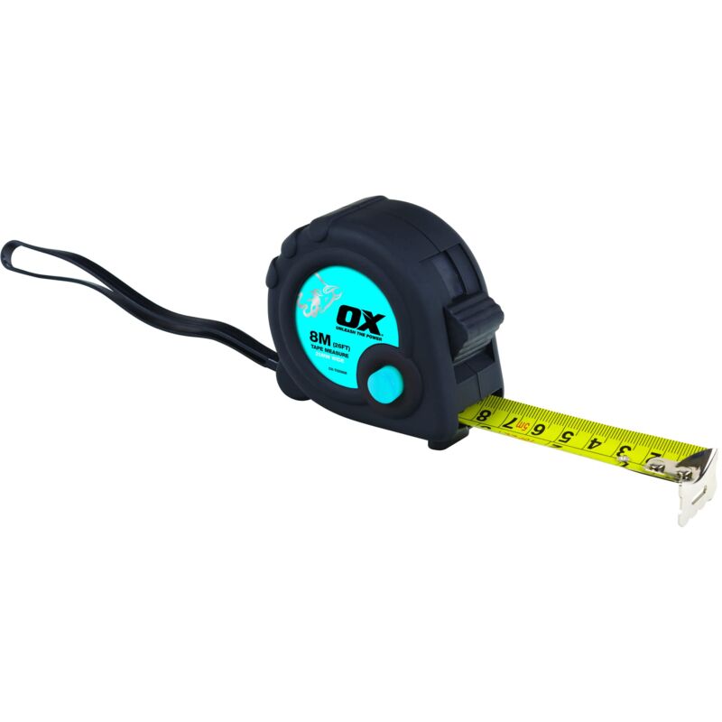 foto del prodotto ox tools ox ox t020608 nastro di misurazione nastro metrico serie trade nastro di misurazione rivestito in nylon resistente nero blu 8 m