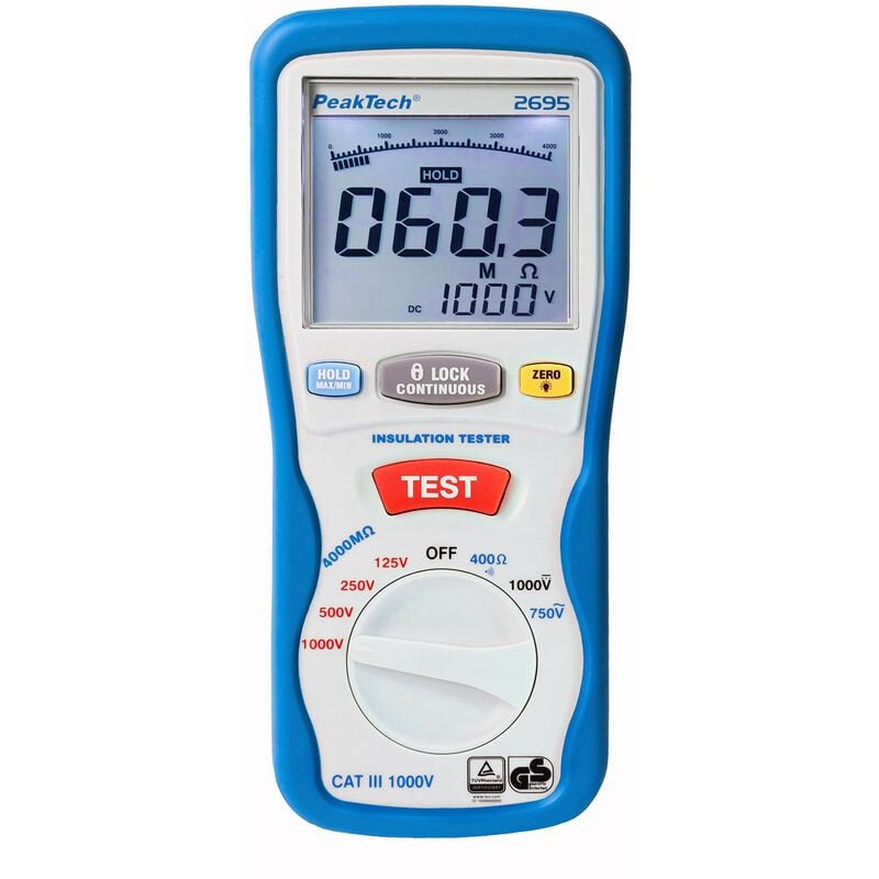 foto del prodotto p 2695 - tester per isolamento elettrico, voltmetro, tester di continuità, circuiti e fusibili, funzioni min max e blocco dati, t v gs - 125 v, 250
