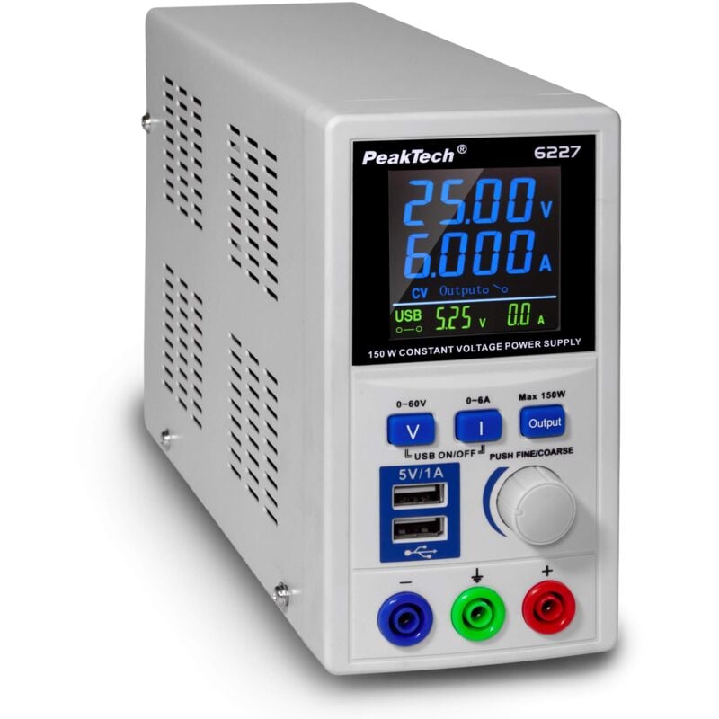 foto del prodotto p 6227 dc switching power supply 0 60 v 0 6 a with color lcd 2 x usb peaktech
