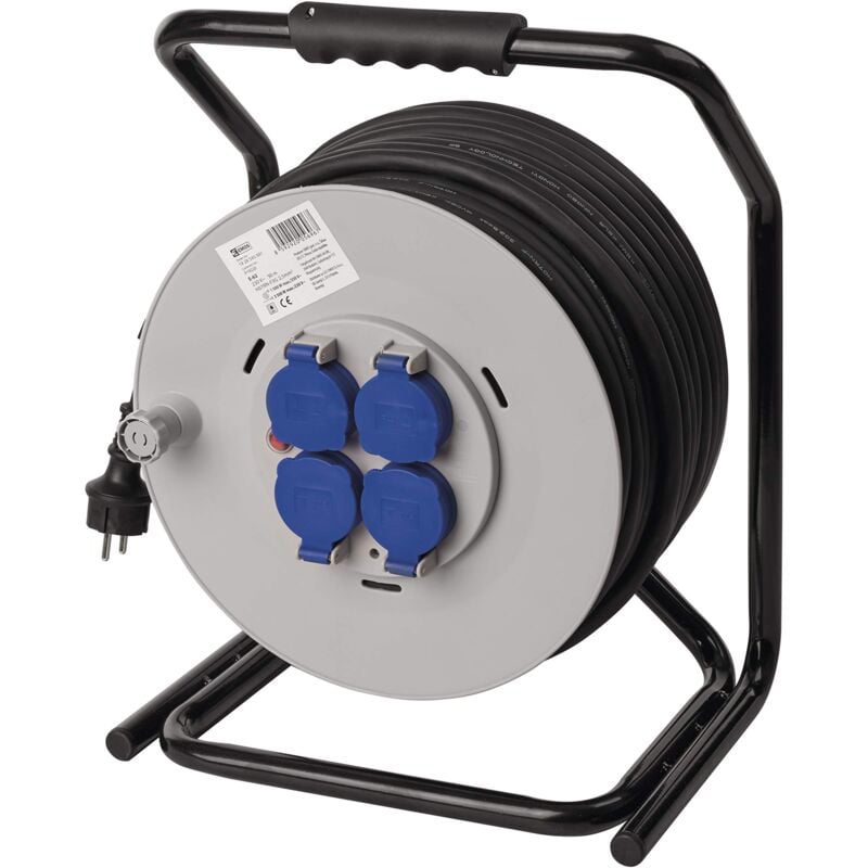 foto del prodotto p19221 avvolgicavo 50m 4 prese schuko impermeabile, urti, resistente alle temperature 230 v, 15 a, 3500 w isolamento in gomma h05rr f 2,5 mm2 ip44