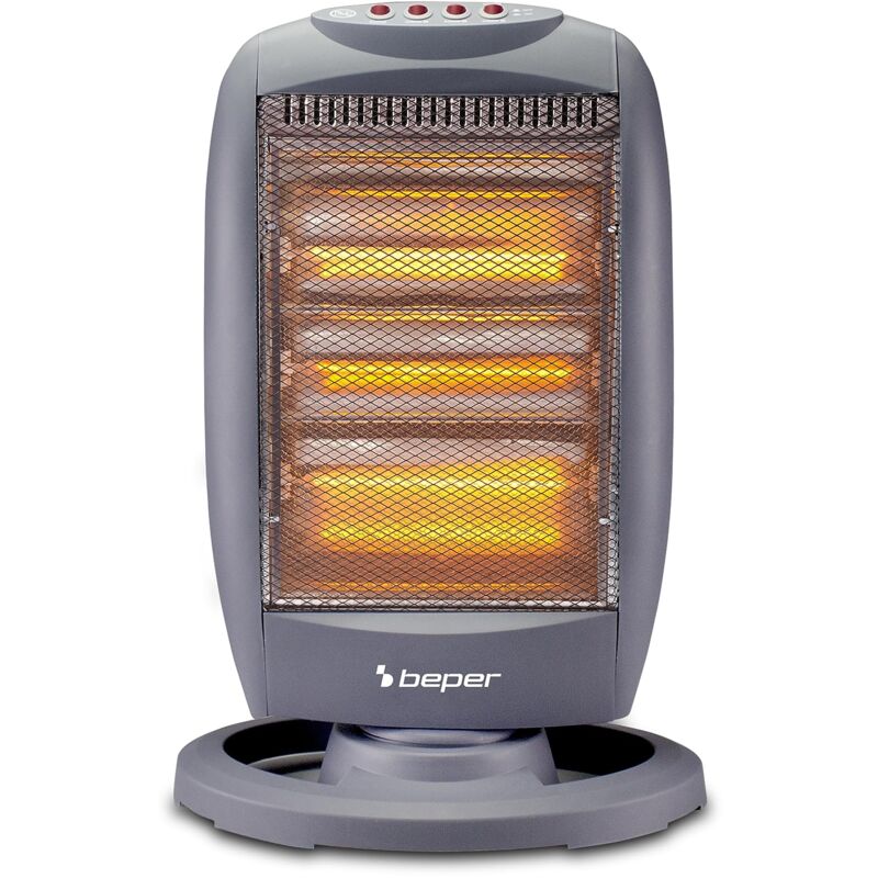 foto del prodotto p203pan010 stufa alogena oscillante, 1200w, basso consumo energetico, silenziosa, protezione termica, grigia beper
