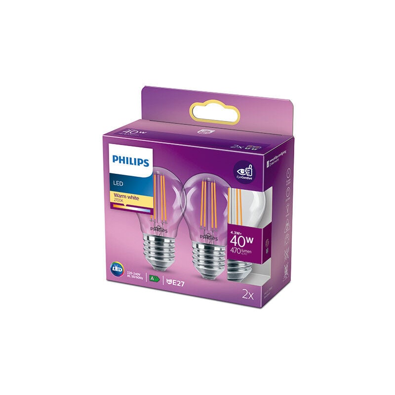 foto del prodotto pacchetto 2 lampadina led philips e27 p45 4.3w 470lm 2700k ph 929001890557 