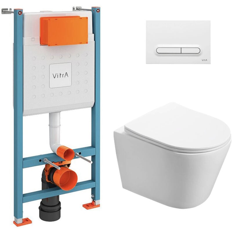 foto del prodotto pacchetto di toilette bati support v fix core toilette sat infinitio senza flangia placca bianca lucida vitra