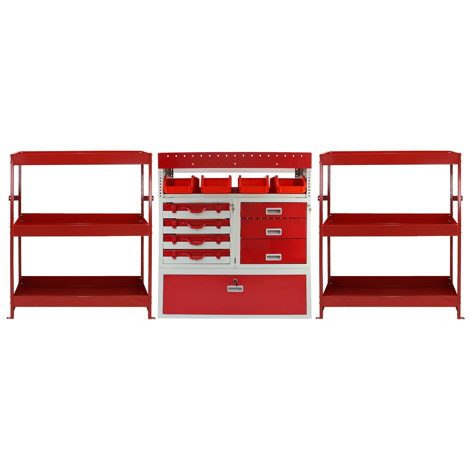 foto del prodotto pacchetto flame con 1 scaffale con cassetti e 2 scaffali con mensole per furgone