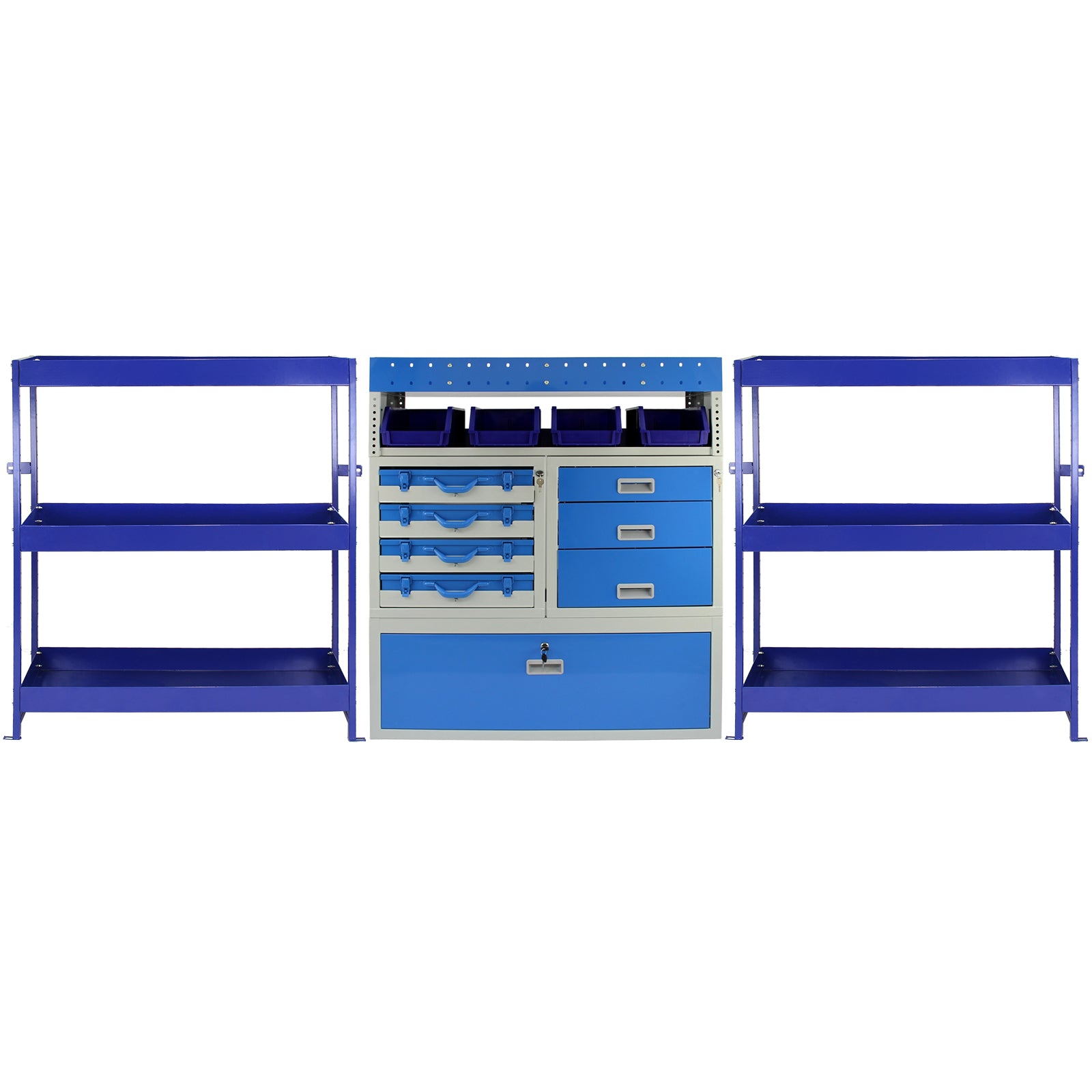 foto del prodotto pacchetto tempest con 1 scaffale con cassetti e 2 scaffali con mensole per van