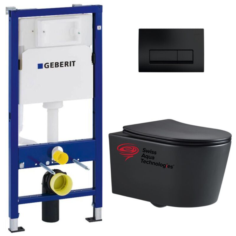 foto del prodotto pacchetto vaso bati support geberit vaso sat senza flangia nero opaco sedile softclose placca nero opaco