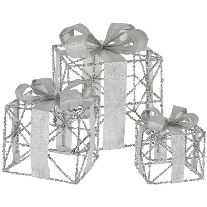 foto del prodotto pacchi regalo natalizi con led luminosi, color argento, decorazione in lametta, set da 3 pezzi