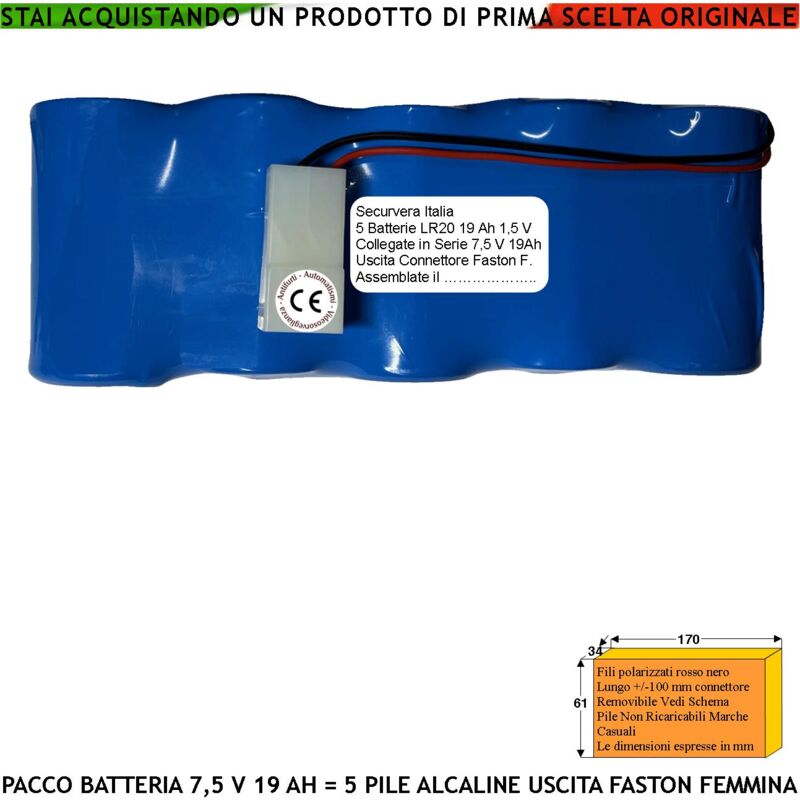 foto del prodotto pacco 5 pile lr20 alcaline 7,5 v 19 ah batteria non ricaricabile colore occasionale ricambio antifurto qualsiasi marca connettore sostituibile misure