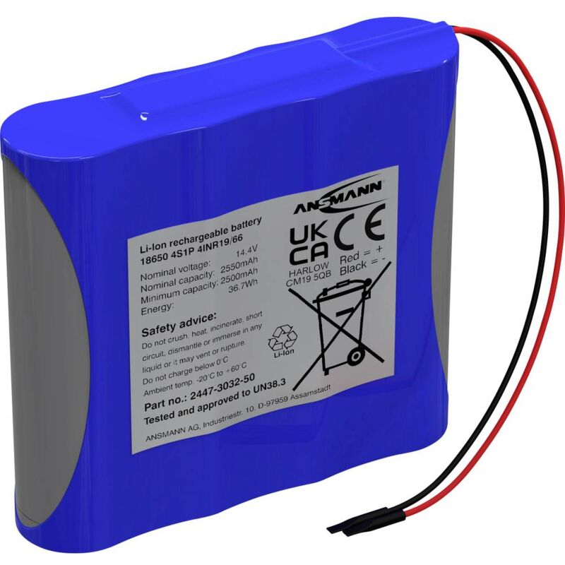 foto del prodotto pacco batteria 4x 18650 ansmann 4s1p con cavo li ion 14.4 v 2550 mah