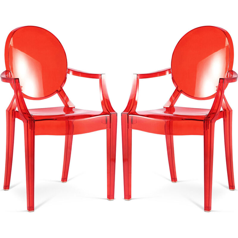 foto del prodotto pacco di 2 sedie da pranzo trasparenti design con braccioli louis xiv rosso trasparente