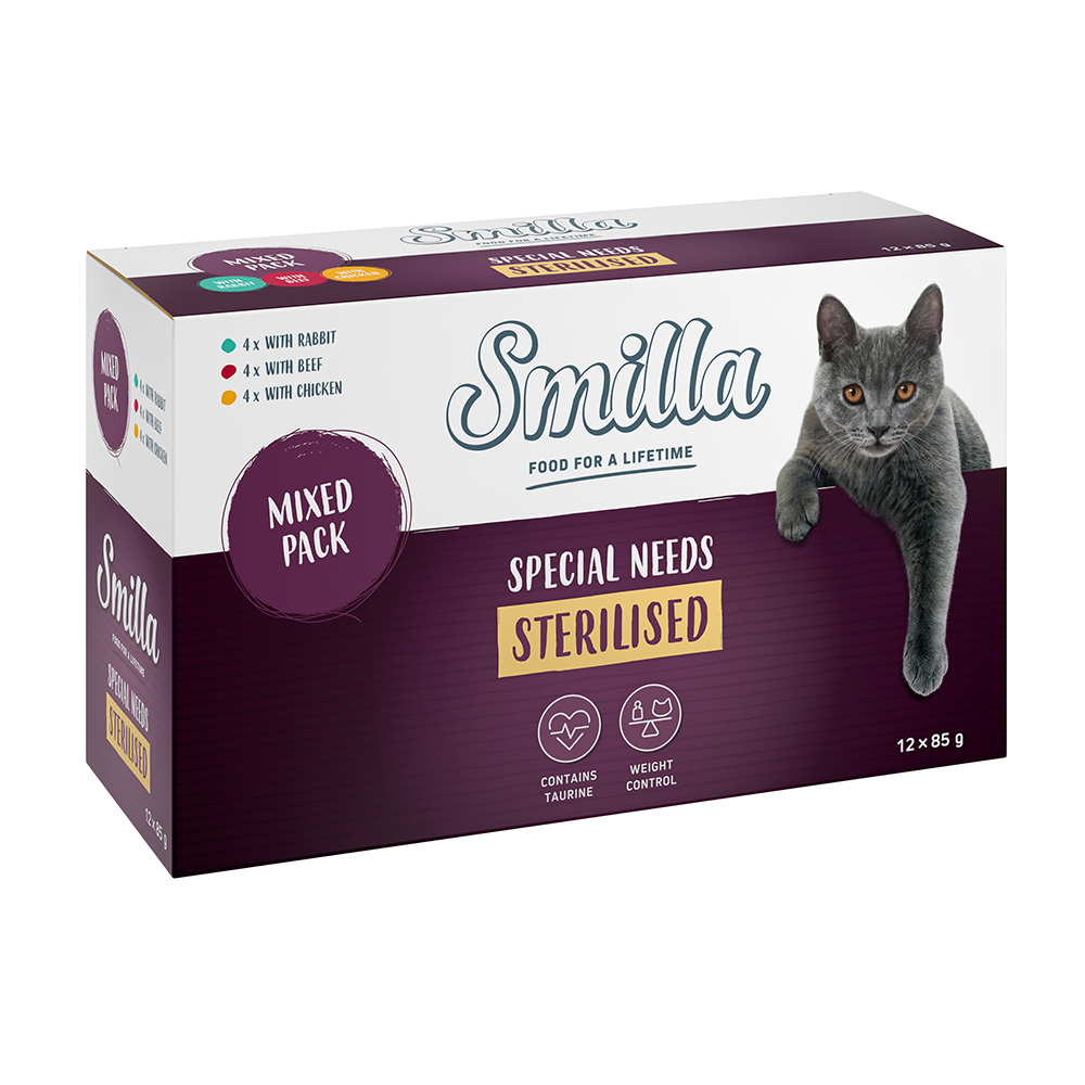 foto del prodotto pacco misto smilla sterilised in busta umido gatto 4 x manzo 4 x pollo 4 x coniglio