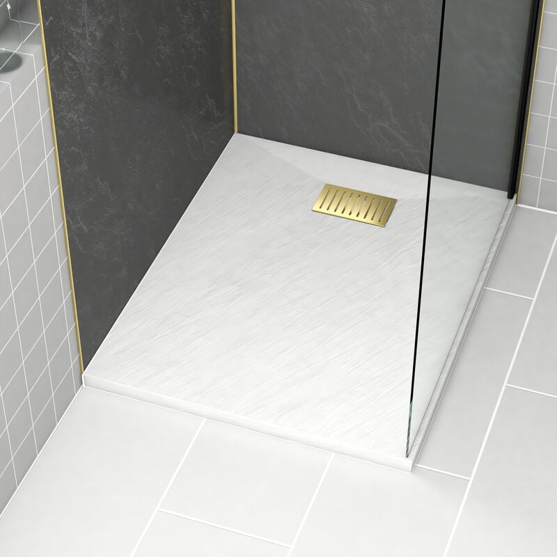 foto del prodotto pacco piatto doccia bianco effetto pietra 80x100 cm e griglia motivo lineare oro spazzolato