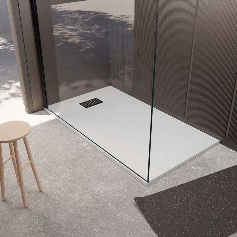 foto del prodotto pacco piatto doccia bianco effetto pietra 80x120 cm e griglia motivo lineare nero opaco