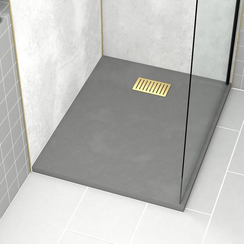 foto del prodotto pacco piatto doccia grigio effetto pietra 80x100 cm e griglia motivo lineare oro spazzolato