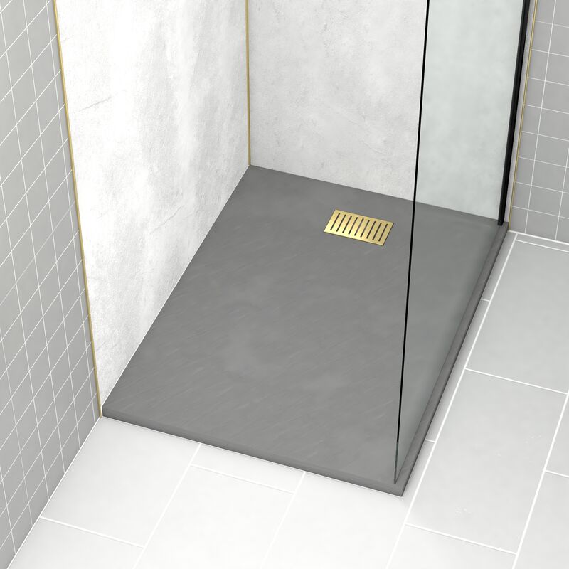 foto del prodotto pacco piatto doccia grigio effetto pietra 90x120 cm e griglia motivo lineare oro spazzolato