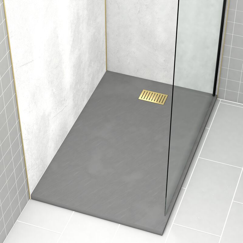 foto del prodotto pacco piatto doccia grigio effetto pietra 90x140 cm e griglia motivo lineare oro spazzolato