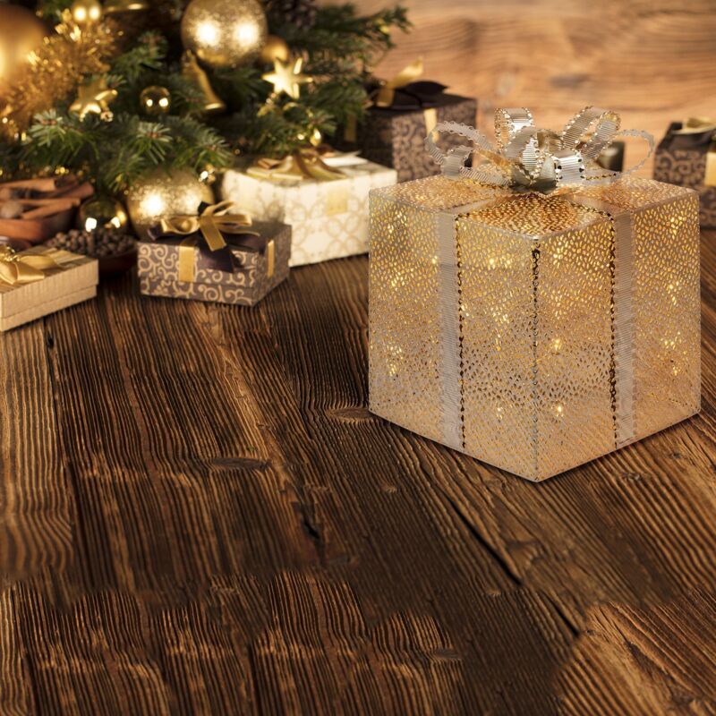 foto del prodotto pacco regalo cubico scatola decorazione natalizia addobbo luminoso con led color champagne 16,5 cm