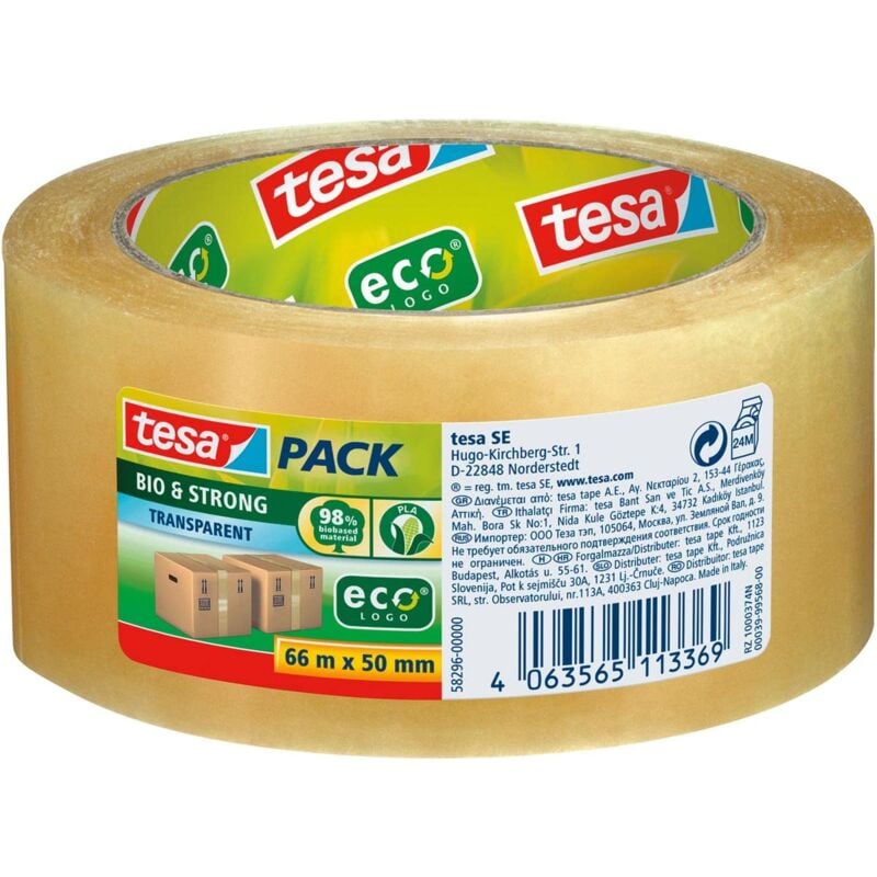 foto del prodotto pack bio strong nastro adesivo forte per pacchi materiale biologico al 98 sostenibile e riciclabile trasparente 66 m x 50 mm tesa
