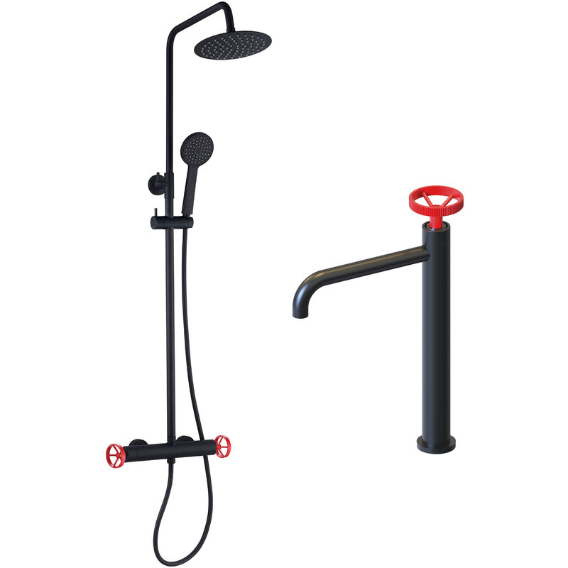 foto del prodotto pack colonna doccia 83 119 cm e rubinetto da bagno monocomando k2o 23x6,7x37cm nero opaco regolatori rossi, tubi e aeratore