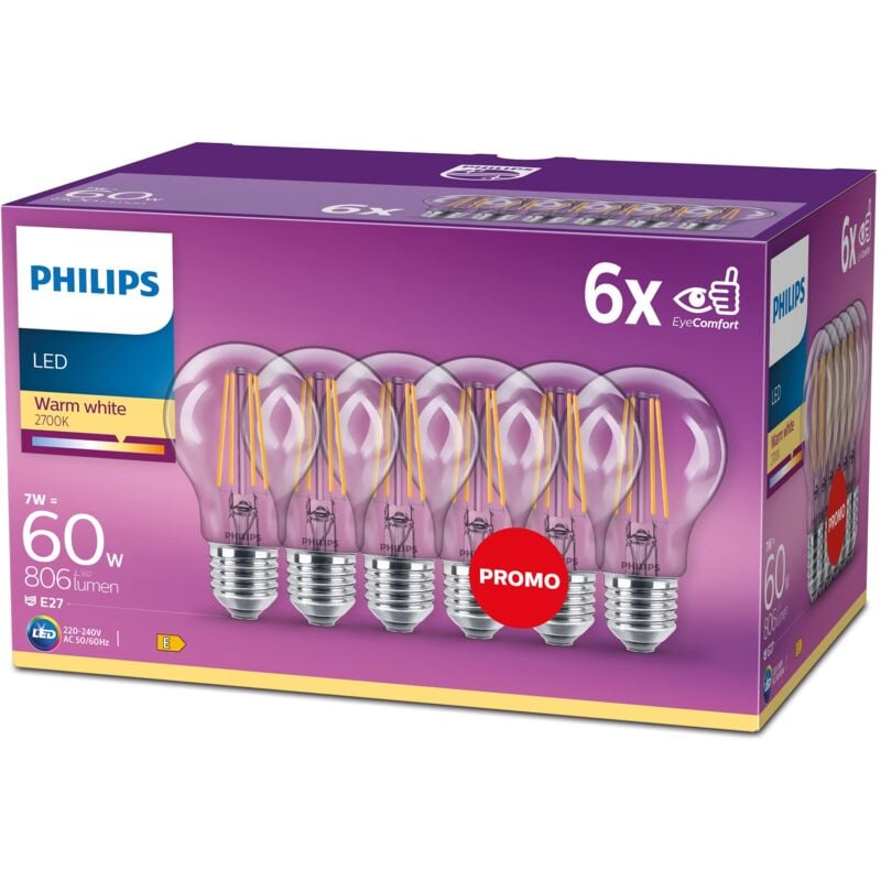foto del prodotto pack de 6 ampoules e27 led transparentes 60w, blanc chaud philips