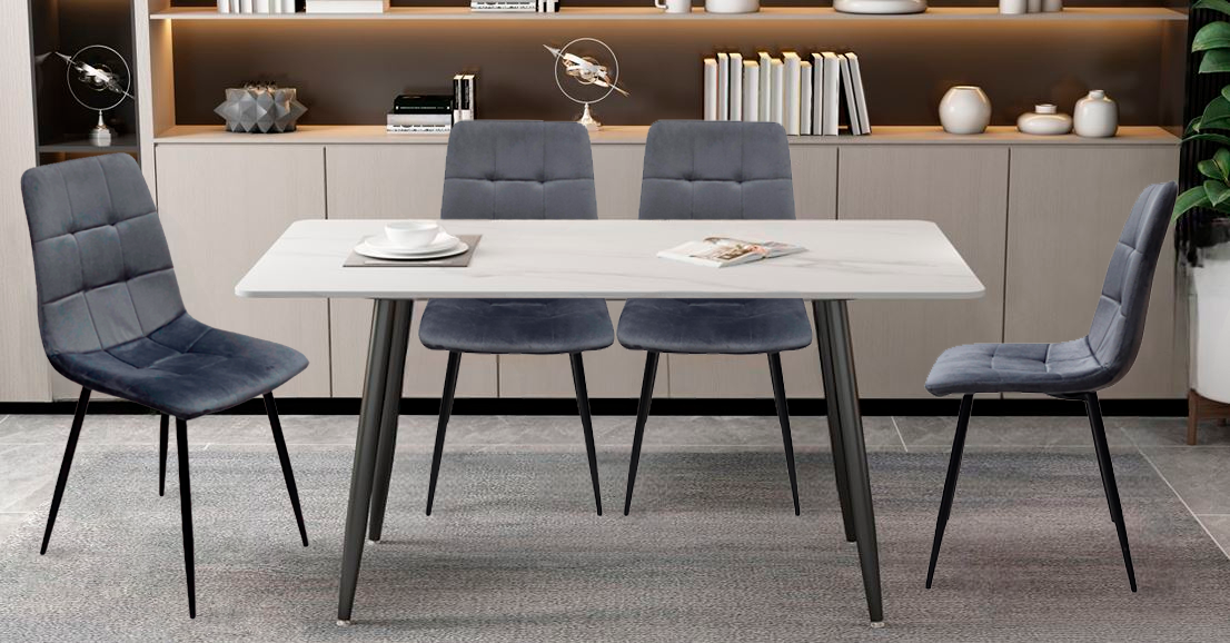 foto del prodotto pack di 4 sedie da pranzo, sedia imbottita in velluto, struttura in metallo, comodo schienale e base imbottiti. rf2012