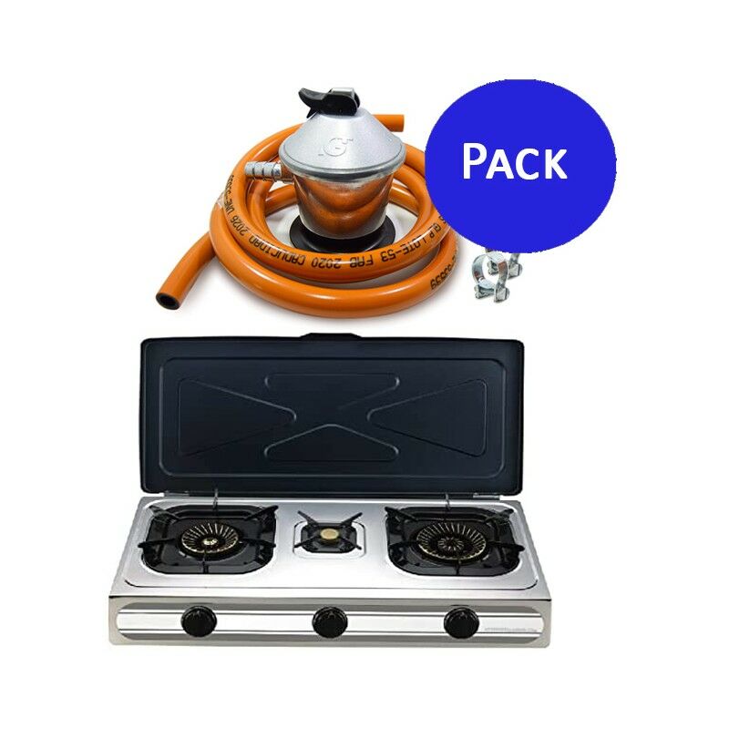 foto del prodotto pack fornello a gas in acciaio inox per gas butano o propano, accensione piezoelettrica, 2 bruciatori a triplo cerchio e 1 bruci