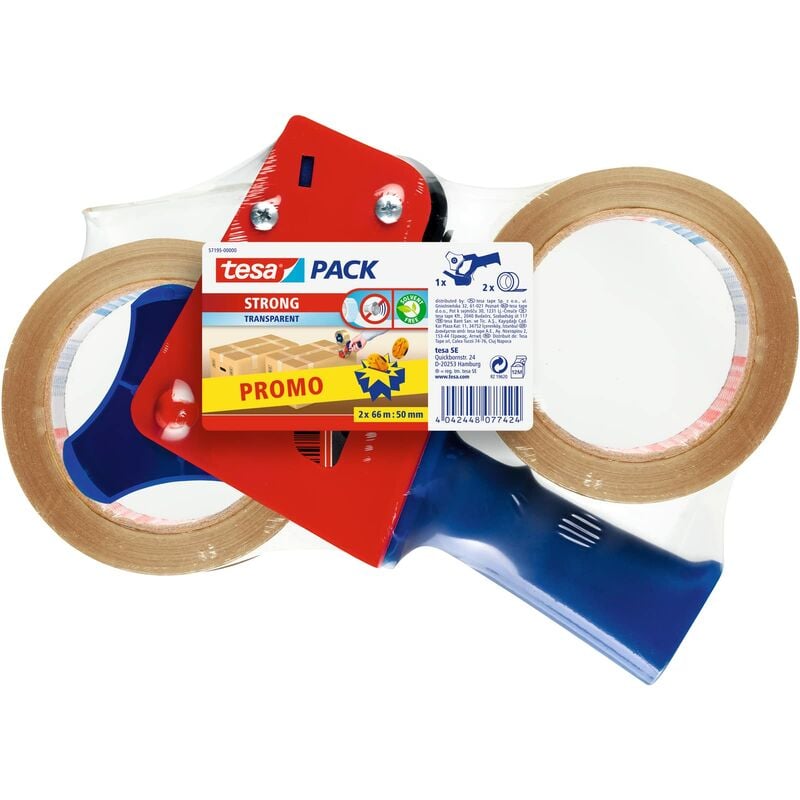 foto del prodotto pack set dispenser manuale con 2 rotoli pack strong trasparenti, dispenser professionale in metallo e plastica, nastro adesivo forte da imballaggio