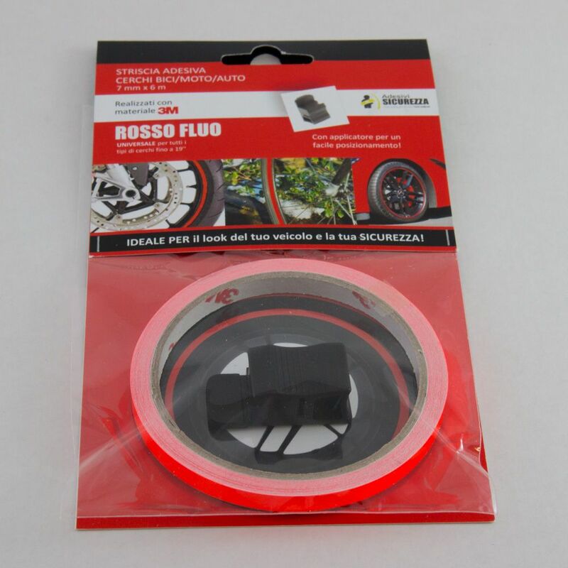 foto del prodotto pack strisce adesive per cerchi auto/moto/bici fluorescenti materiale 3m packaging - 6 pack strisce fluo rosse