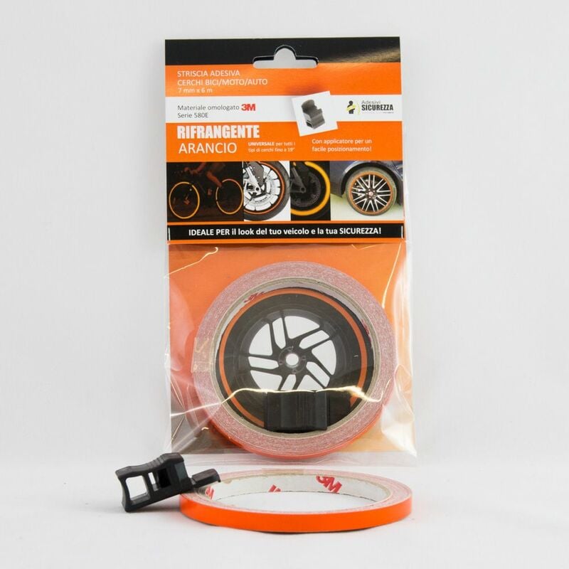 foto del prodotto pack strisce adesive per cerchi auto moto bici rifrangenti materiale 3m packaging 6 pack strisce rifrangenti arancio