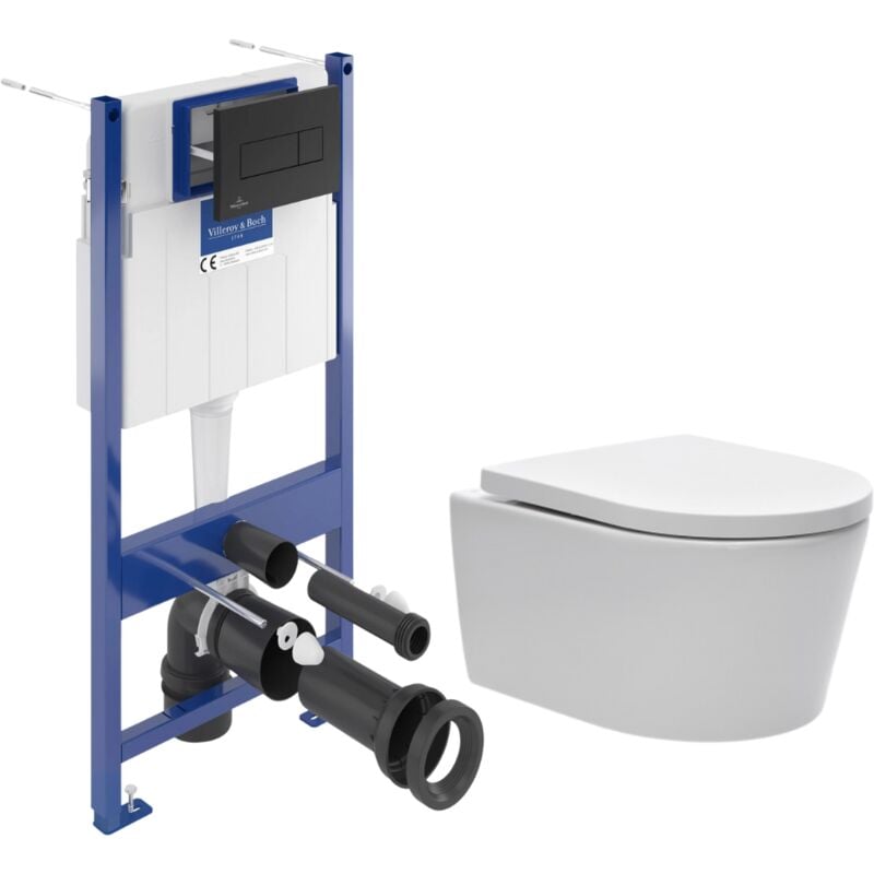 foto del prodotto pack wc con telaio villeroy boch wc sat senza flangia sedile softclose placca nera vcnsat4 
