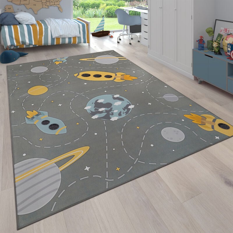 foto del prodotto paco home alfombra bebe infantil antideslizante estrellas planeta cohete gris azul amarillo 80x150 cm