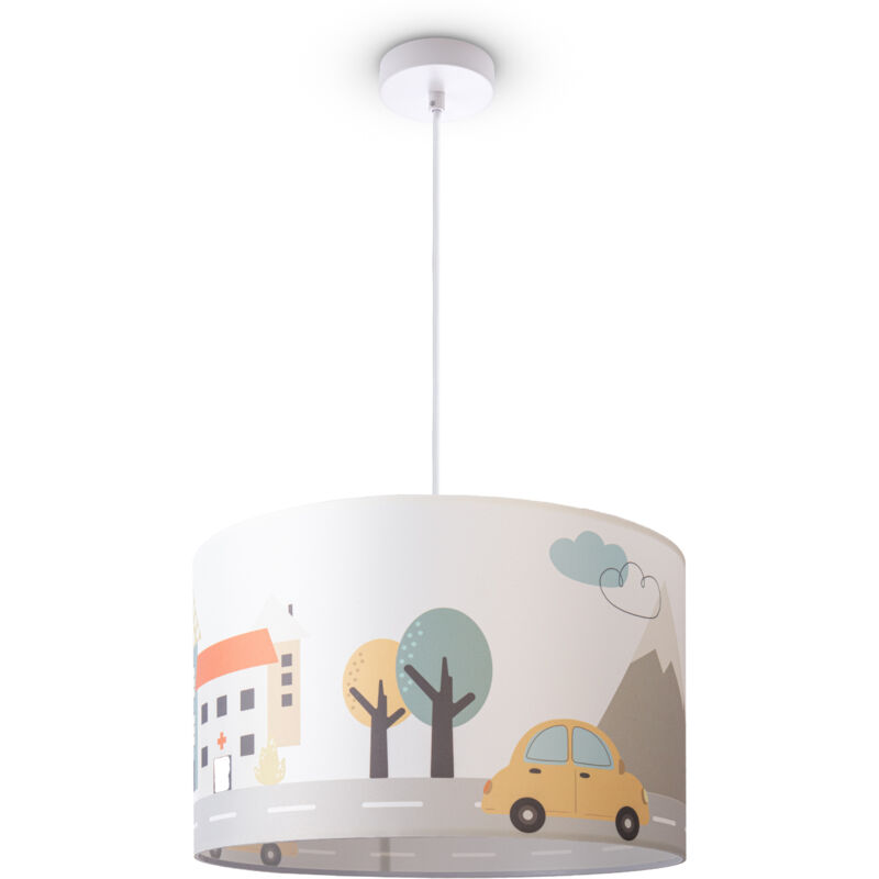 foto del prodotto paco home lampada a soffitto sospensione cameretta dei bambini vigili del fuoco strada polizia e27 luce a sospensione bianca, design 2 45,5 cm 
