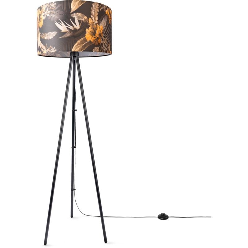foto del prodotto paco home lampada da terra soggiorno ufficio treppiede paralume rotondo tessuto fiori jungle design 6 45,5 cm , lampada da terra a treppiede nero