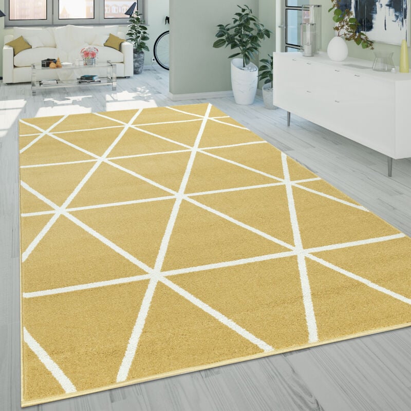 foto del prodotto paco home moderno tappeto a pelo corto per il soggiorno con design geometrico dal motivo a rombi, in giallo 70x250 cm