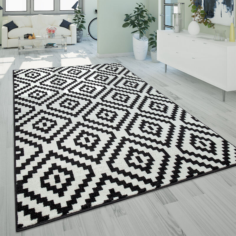 foto del prodotto paco home moderno tappeto a pelo corto per il soggiorno dal motivo 3d geometrico a rombi in nero e bianco 70x140 cm