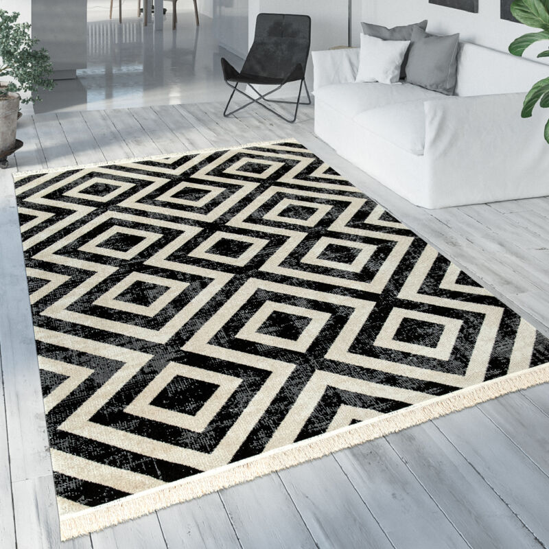 foto del prodotto paco home robusto tappeto da esterno in bianco e nero per balcone o terrazza con design scandinavo e motivo a rombi 200 cm tondo