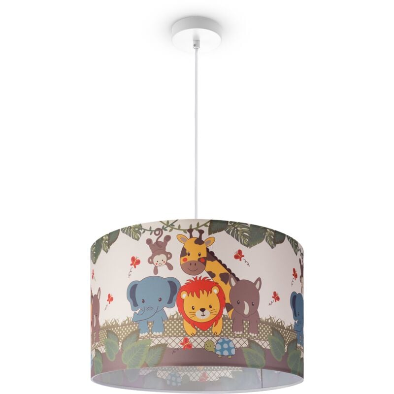 foto del prodotto paco home sospensione cameretta dei bambini paralume tessuto rotonda giungla luce a sospensione bianca, design 1 45,5 cm 