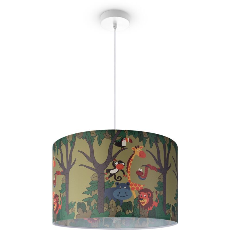 foto del prodotto paco home sospensione cameretta dei bambini paralume tessuto rotonda giungla luce a sospensione bianca, design 4 45,5 cm 