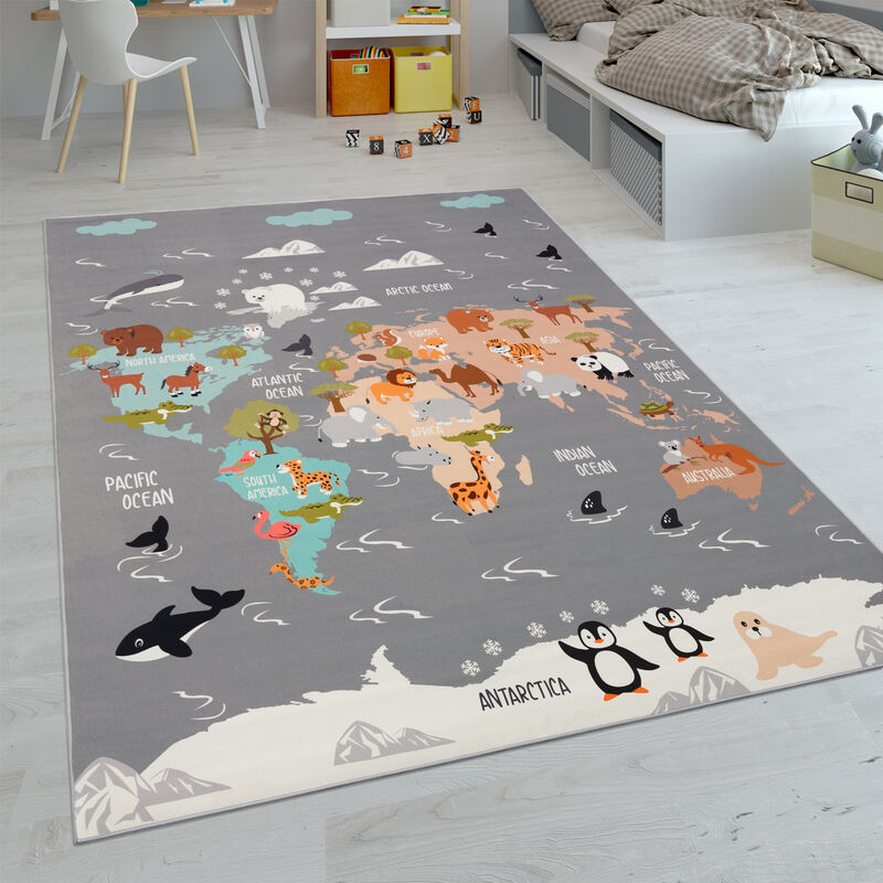 foto del prodotto paco home tappeti da gioco a pelo corto colorati per camerette dei bambini con diversi motivi 140x200 cm, grigio 3