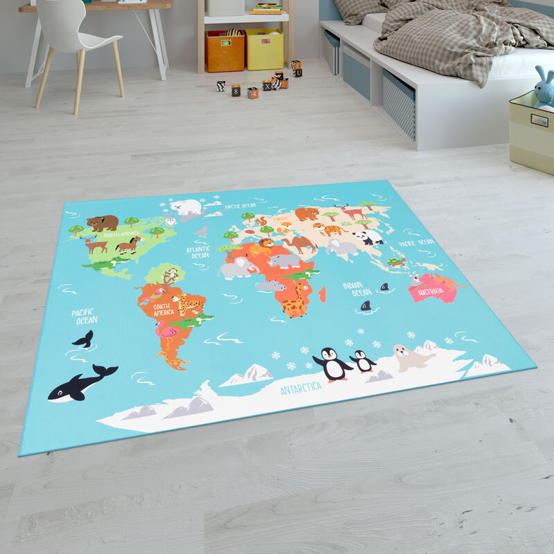 foto del prodotto paco home tappeti da gioco a pelo corto colorati per camerette dei bambini con diversi motivi 80x150 cm, turchese