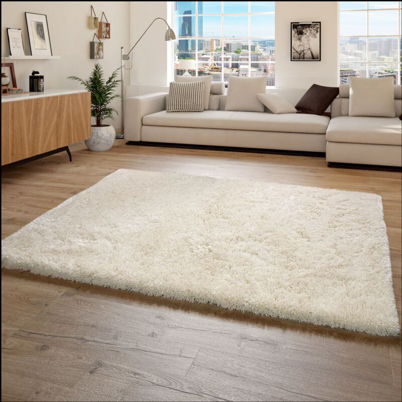 foto del prodotto paco home tappeto a pelo alto morbido moderno shaggy stile flokati accogliente tinta unita in bianco 120x160 cm