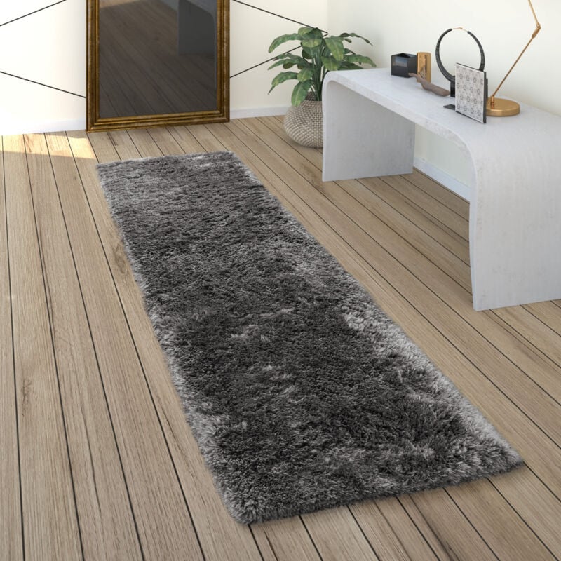 foto del prodotto paco home tappeto a pelo alto per soggiorno shaggy tinta unita morbido e soffice, moderno grigio scuro 80x150 cm