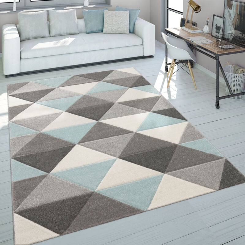 foto del prodotto paco home - tappeto a pelo corto per il soggiorno nei toni pastello del turchese e del grigio con motivo a rombi dal design a triangoli 60x100 cm