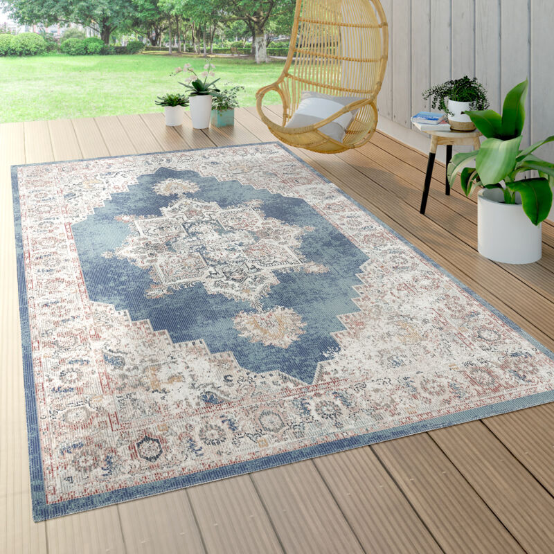 foto del prodotto paco home tappeto a pelo corto per interni ed esterni per il balcone e la terrazza, dal look orientale in blu 120x170 cm