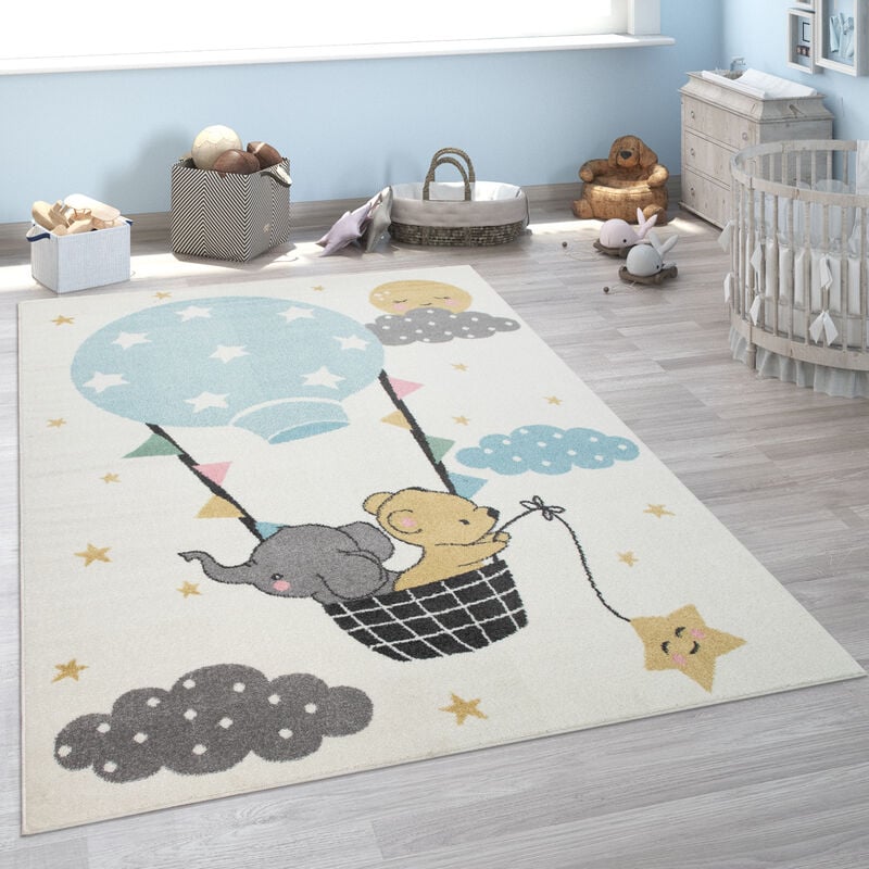 foto del prodotto paco home tappeto a pelo corto per la camera dei bambini, con elefante, orso, palloncino e luna, in beige 80x150 cm