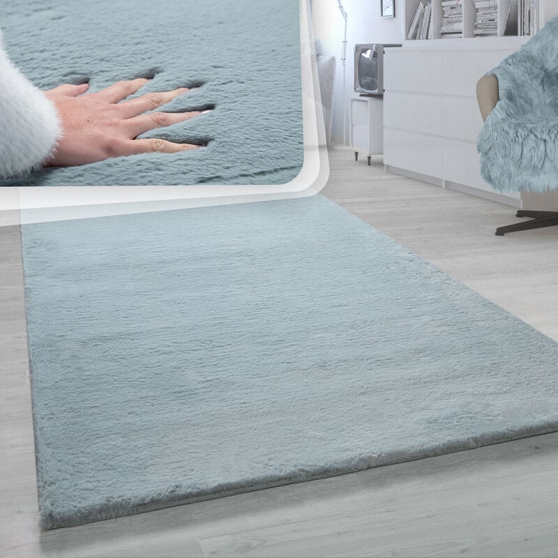 foto del prodotto paco home tappeto a pelo lungo per soggiorno in ecopelliccia ultrasoffice, imitazione pelliccia di coniglio in turchese 60x90 cm