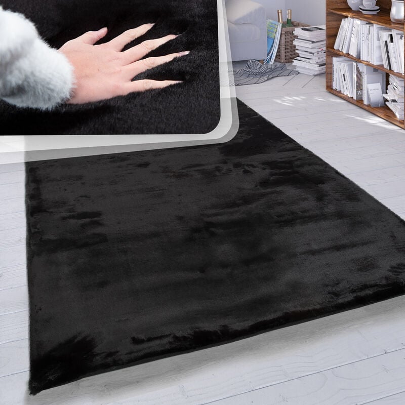 foto del prodotto paco home tappeto a pelo lungo per soggiorno in ecopelliccia ultrasoffice tinta unita in diversi colori e misure 80 cm tondo, nero