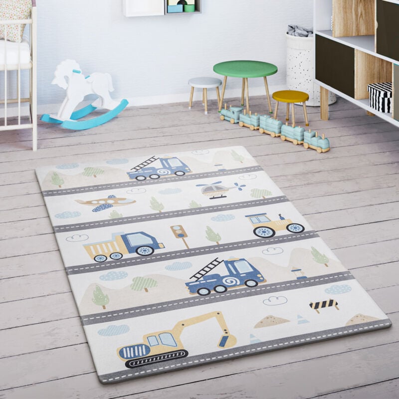 foto del prodotto paco home tappeto bambini cameretta auto bambini strada motivo di montagne nuvola crema blu 155x230 cm